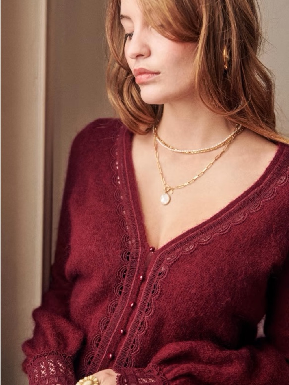 SEZANE Burgundy Wine Mohair Wool Lace Embroidered V-Neck Clara Cardigan Sweater